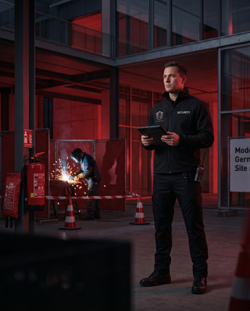 Brandwache überwacht Heißarbeiten mit Funkgerät und Dokumentation